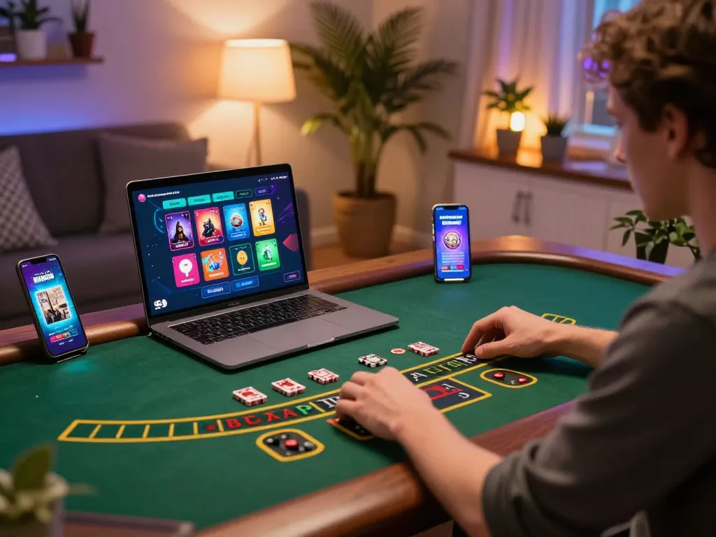 Player enjoying baccarat on 33WIN site in a cozy home office setup.