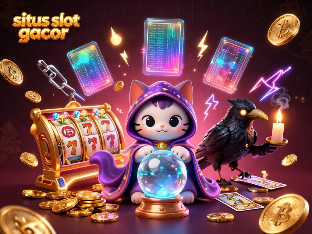 Situs slot gacor scene with a mystic cat, tarot raven, and slot reels amidst glowing coins.