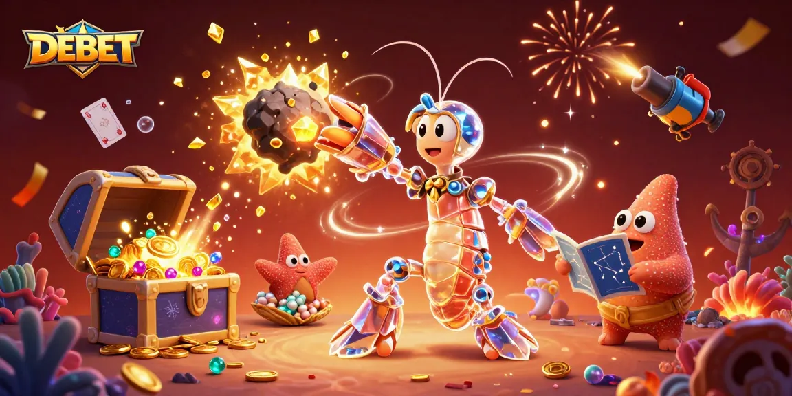 DEBET showcases a galactic samurai mantis shrimp in action amidst vibrant casino-themed underwater elements.