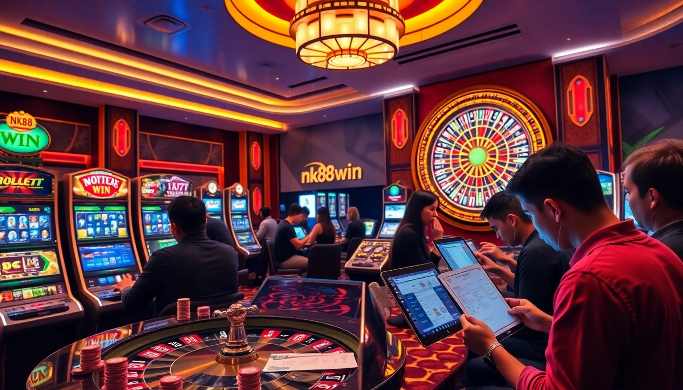 Experience thrilling "nk88 win" action in a luxurious casino environment with vibrant slot machines.