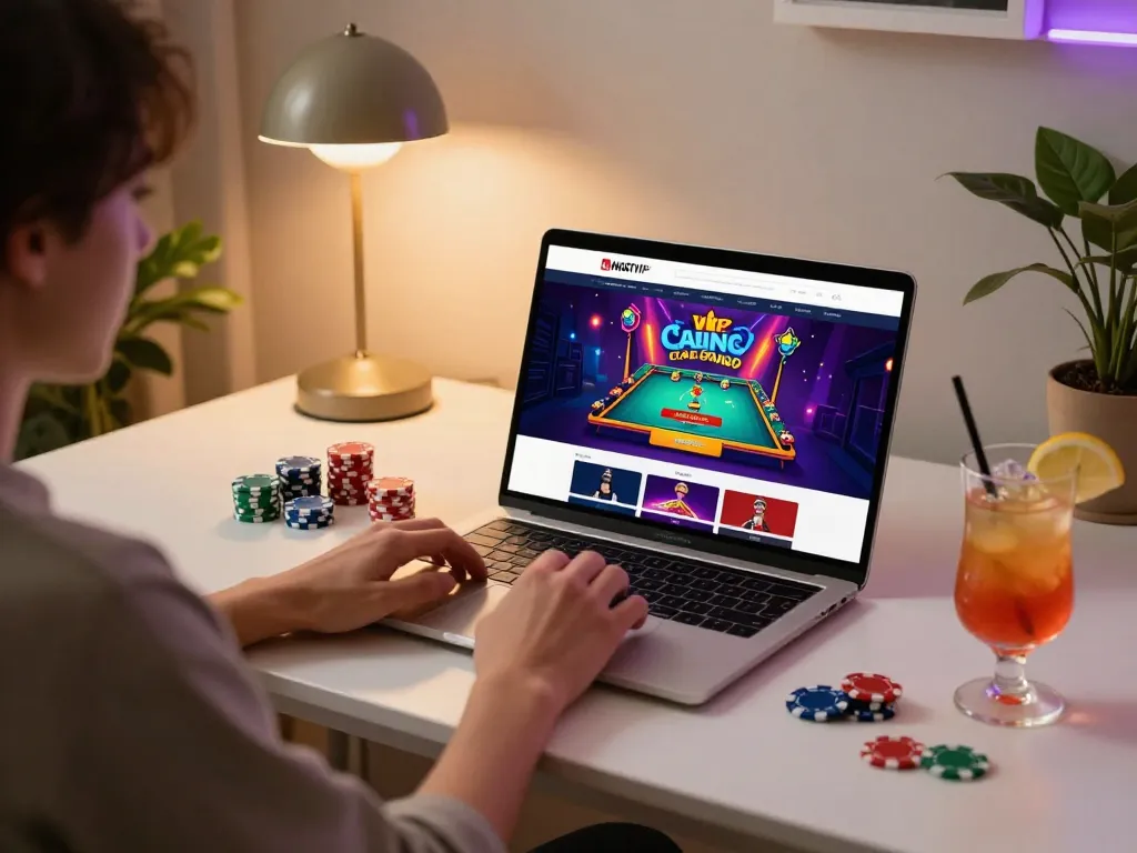 Navigating NHATVIP online casino with laptop and poker chips on a stylish desk