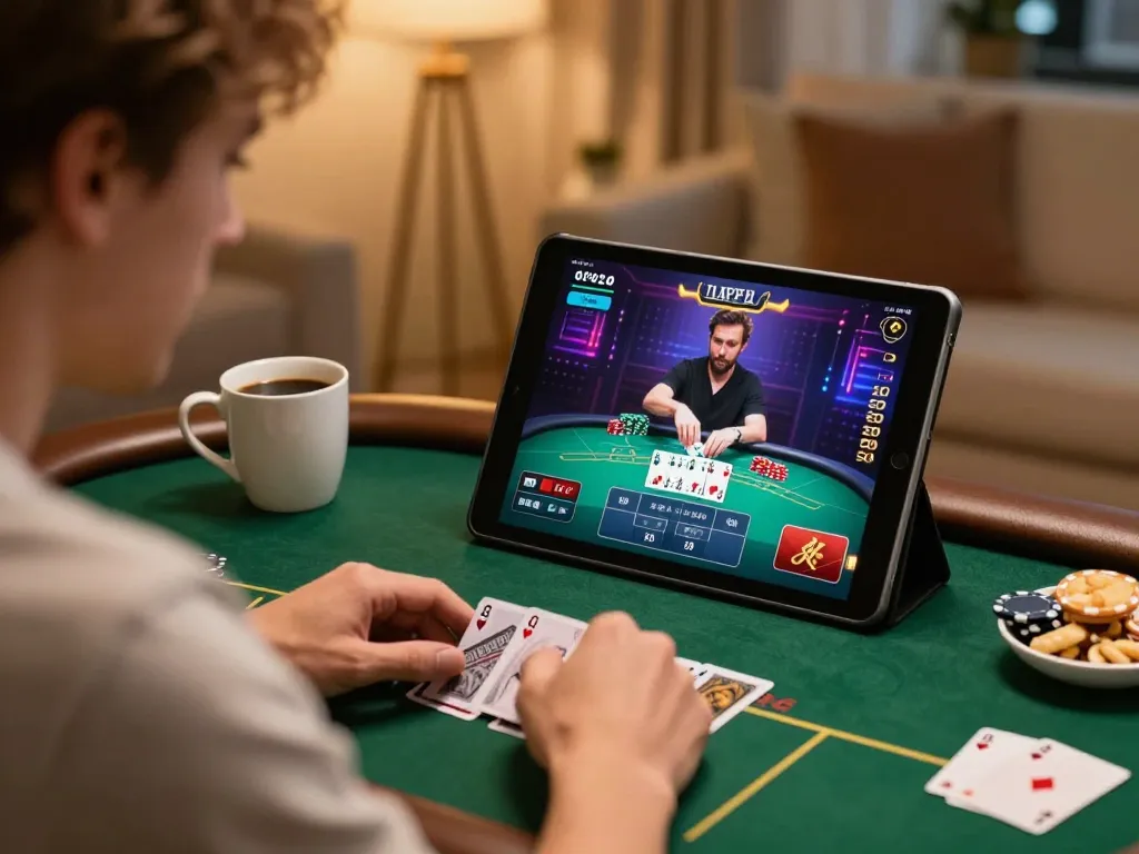 Player engaging in strategic poker gameplay on TR88 tablet, cozy home setting with ambient lighting.