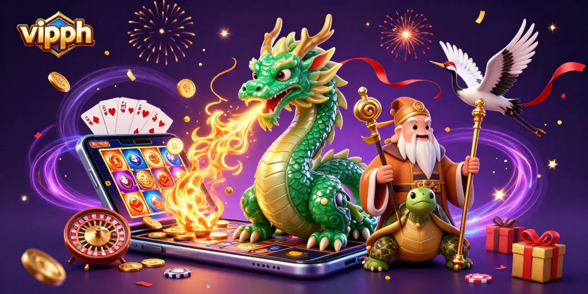 Experience the excitement of vipph with a jade dragon, sage, and lucky cranes among vibrant casino elements.