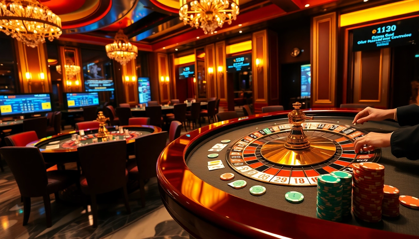 Players are immersing themselves in an exciting game at THABET casino, showcasing vibrant poker chips and a spinning roulette wheel.