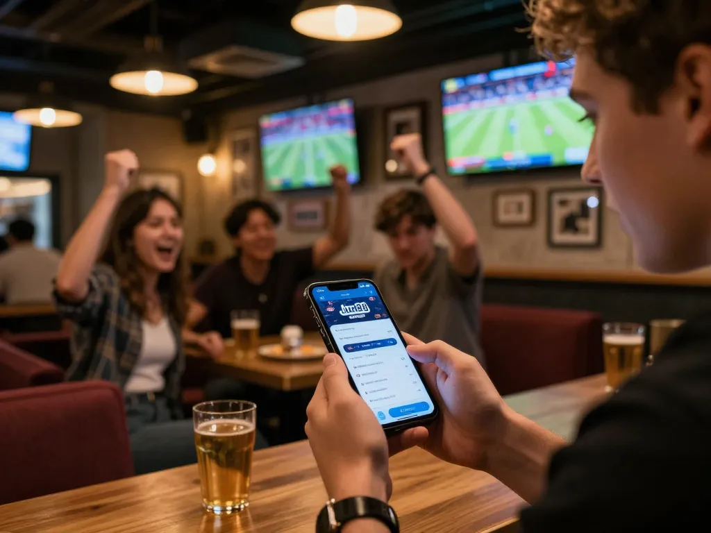 Player engaging in live betting on Jun88 app in a lively sports bar