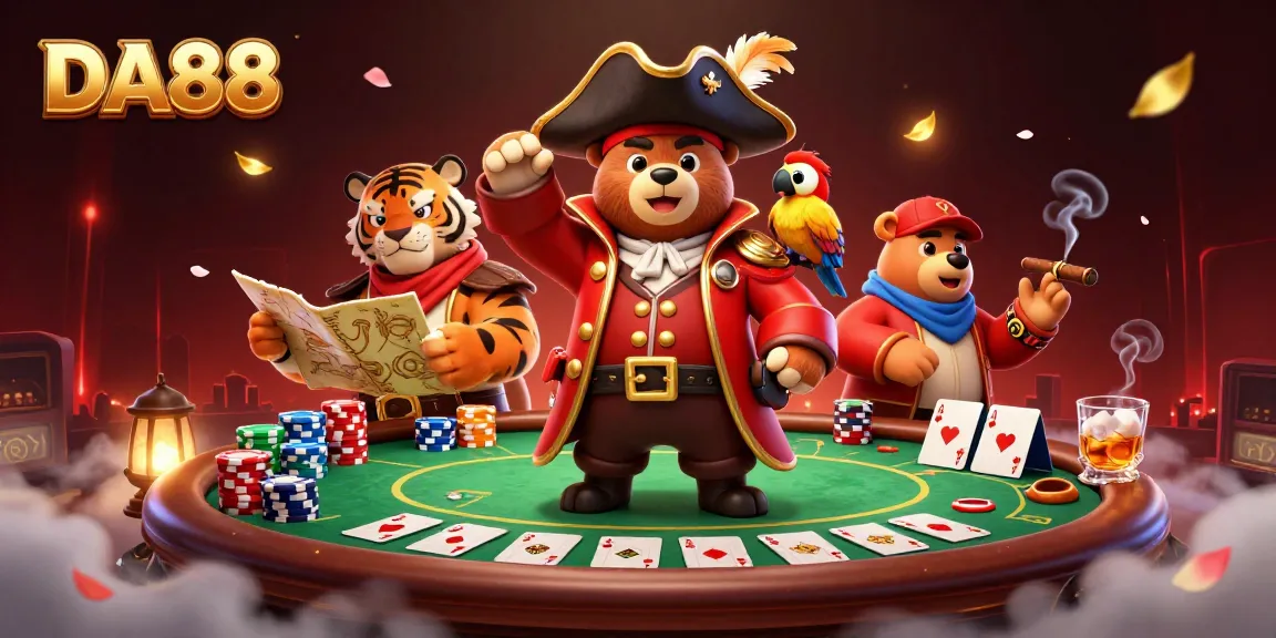 Join the excitement at DA88 poker with a bear captain, tiger first mate, and treasure map!