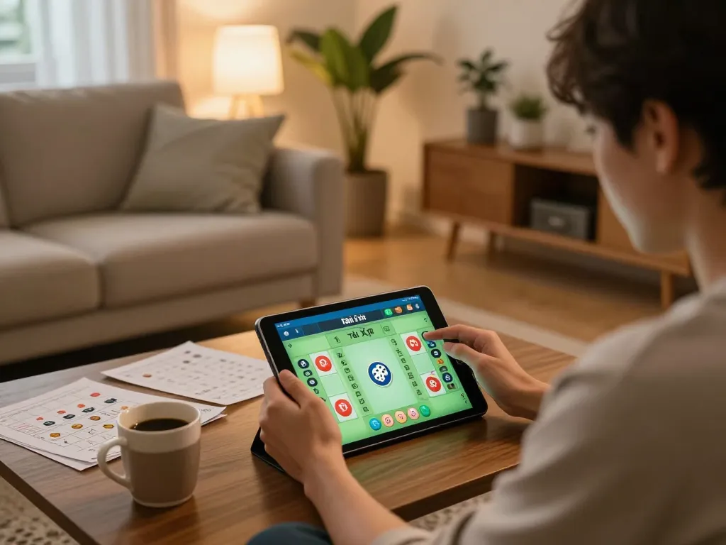 Person engaged in app tài xỉu online gameplay on tablet in cozy home setting