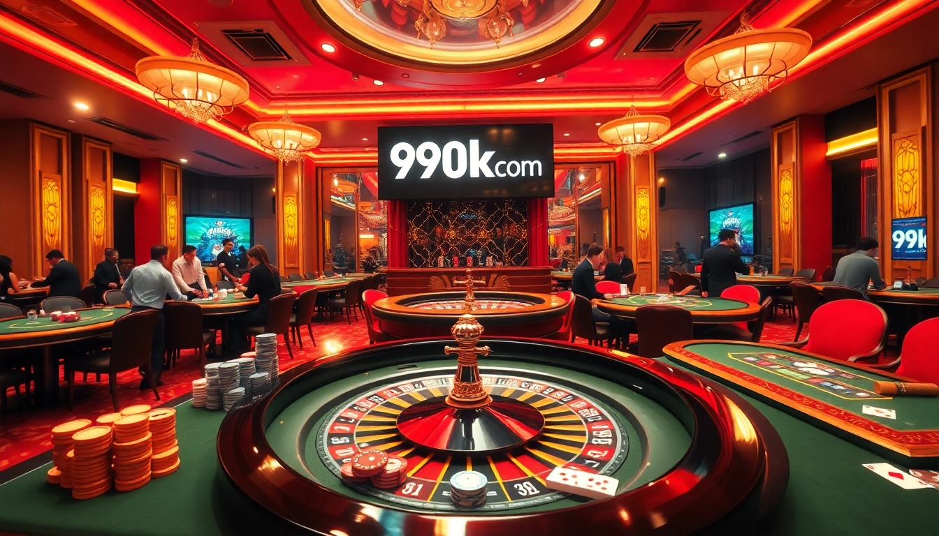 Experience the thrilling ambiance of 99OK com with elegant gaming tables and excited players.