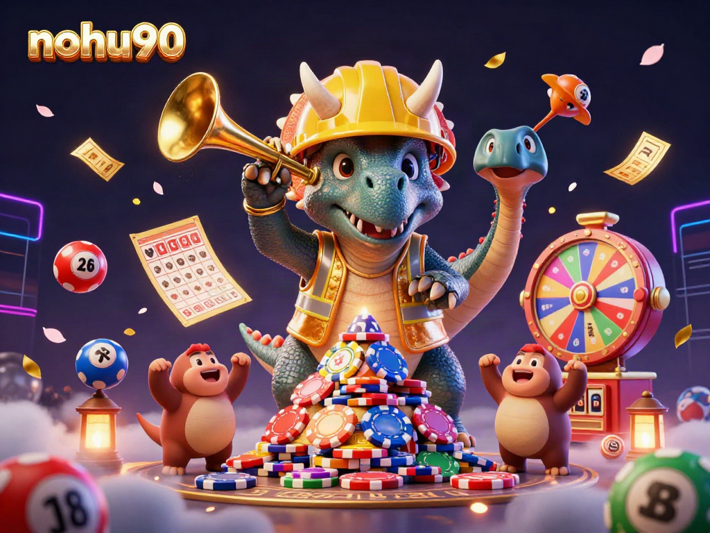 Celebrate with nohu90's vibrant casino scene featuring cheering dinosaurs and dynamic game elements.