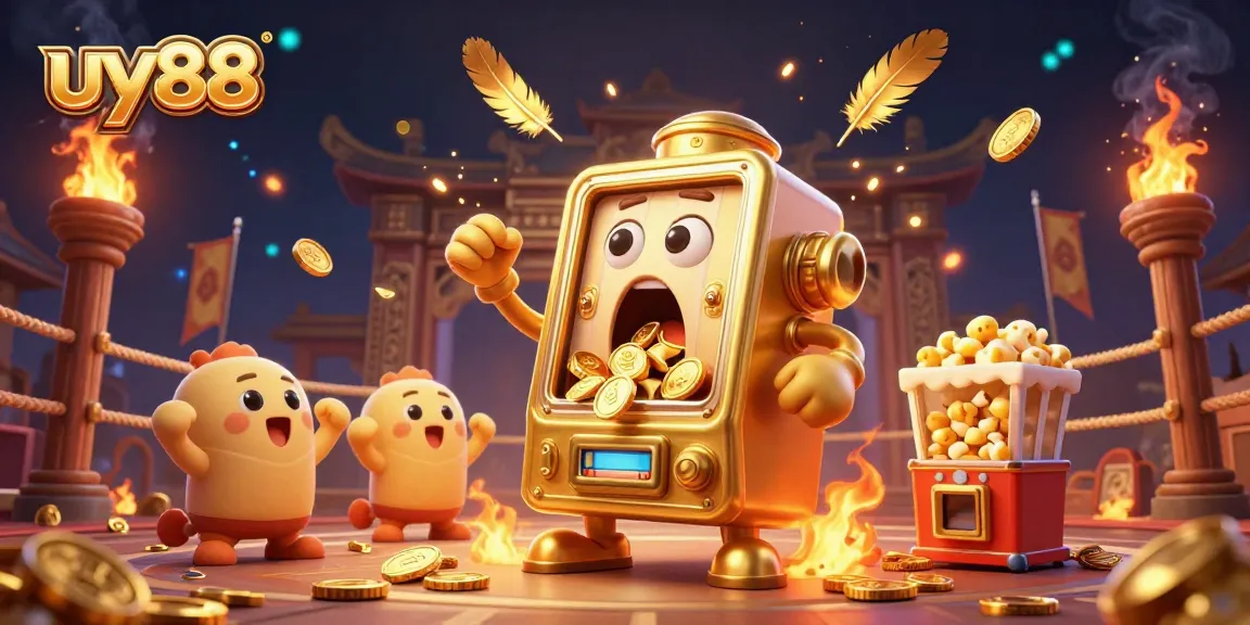 uy88 slot machine hits jackpot with gold coins pouring out, surrounded by cheering machines.