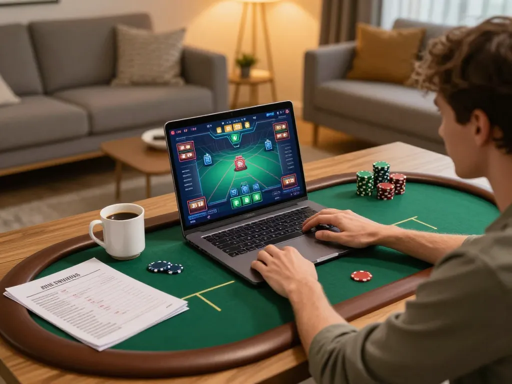 Engaged player enjoying vipwin online poker game on laptop with betting notes and warm lighting.