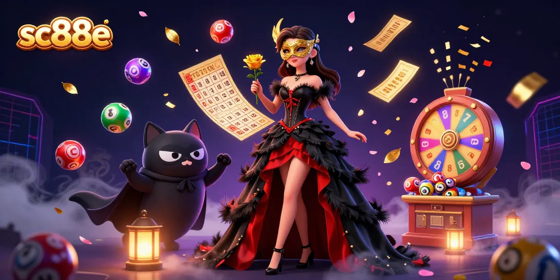 Experience the world of sc88e with vibrant lottery balls and glamorous characters in an exciting casino setting.