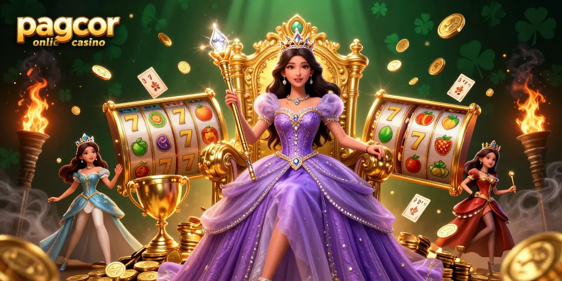 Experience the thrill of pagcor online casino with vibrant slot reels and a majestic royal character.