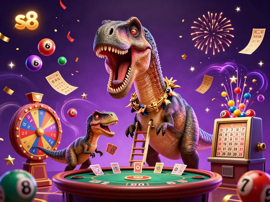 S8 captures online gaming excitement with a dynamic brontosaurus, raptor dealer, and casino elements.