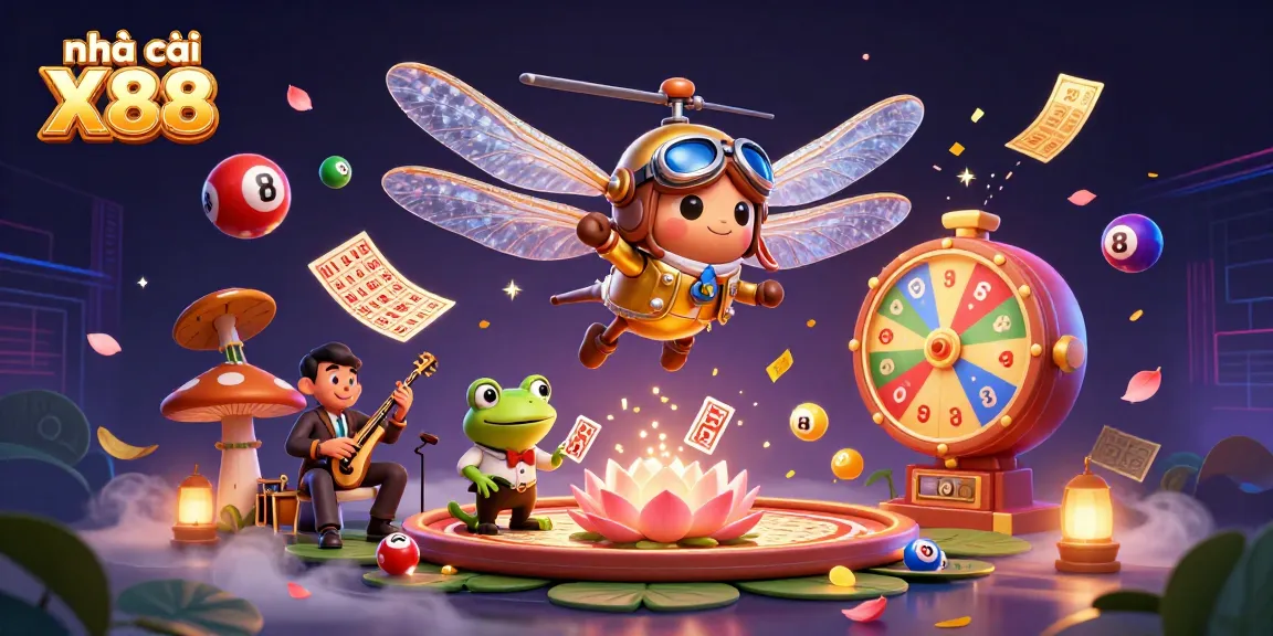 Engage with nhà cái X88 featuring vibrant 3D illustration of casino characters amidst vibrant gaming elements.