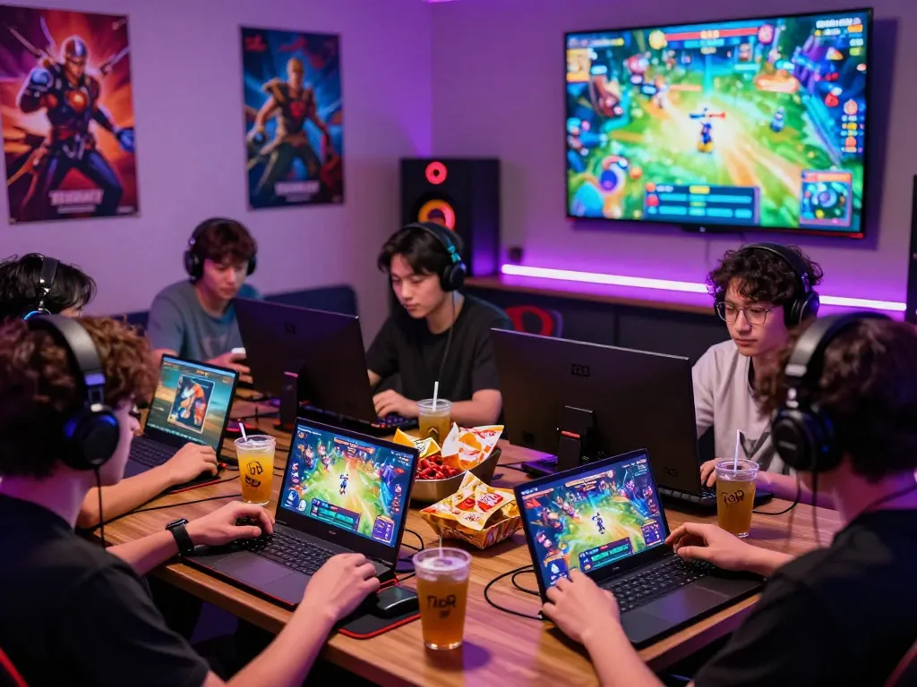 Exciting gaming atmosphere featuring 789club interface, players immersed in mobile games, vibrant colors, snacks, and LED lights.