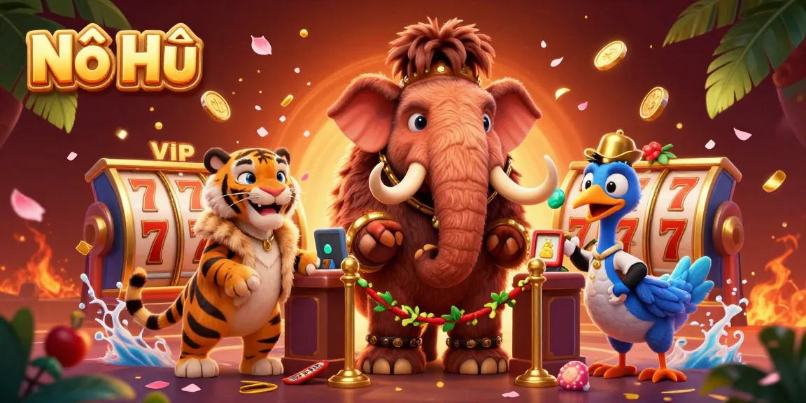 Nổ Hũ casino illustration with a mammoth bouncer, saber-tooth VIP, and colorful slot elements.