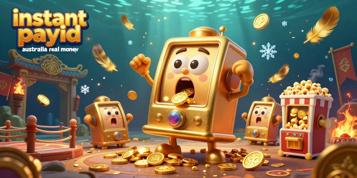 Experience instant payid pokies australia real money as a golden slot machine hits the jackpot, surrounded by cheering machines.