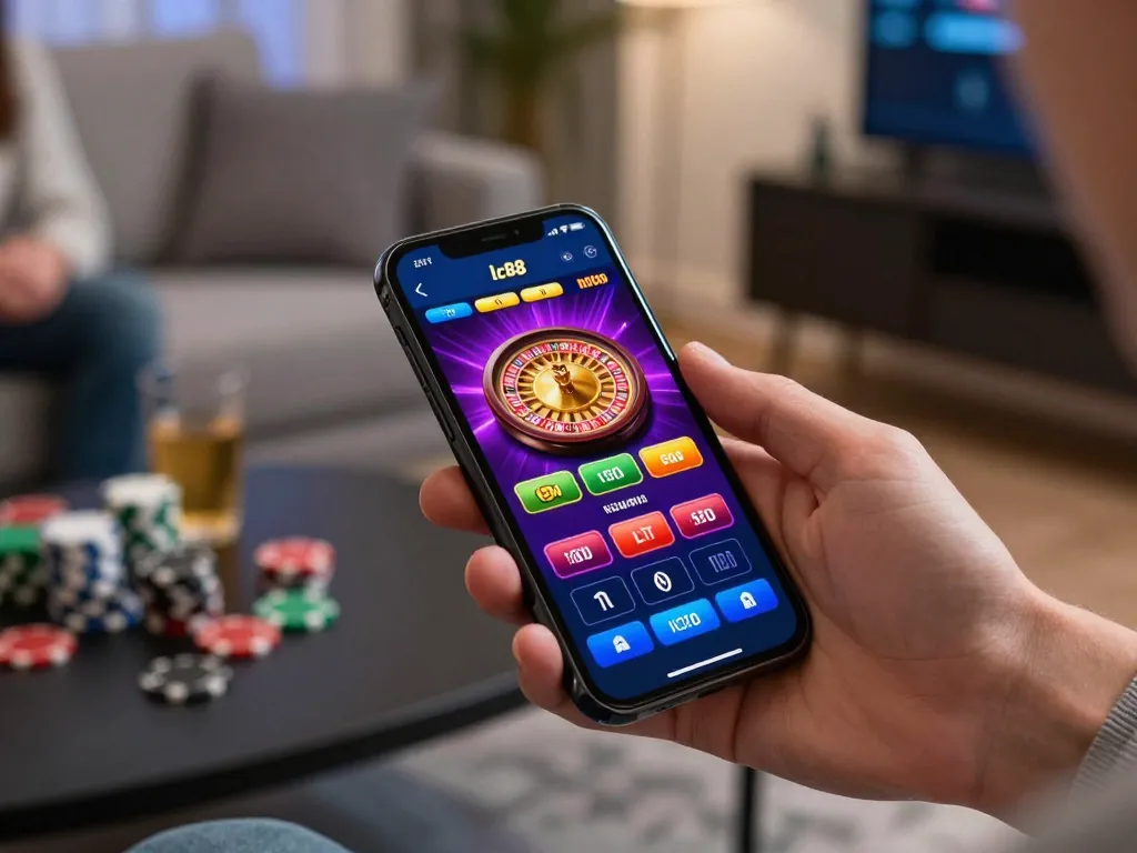 Engaging in the lc88 game on a smartphone in a cozy living room setting.