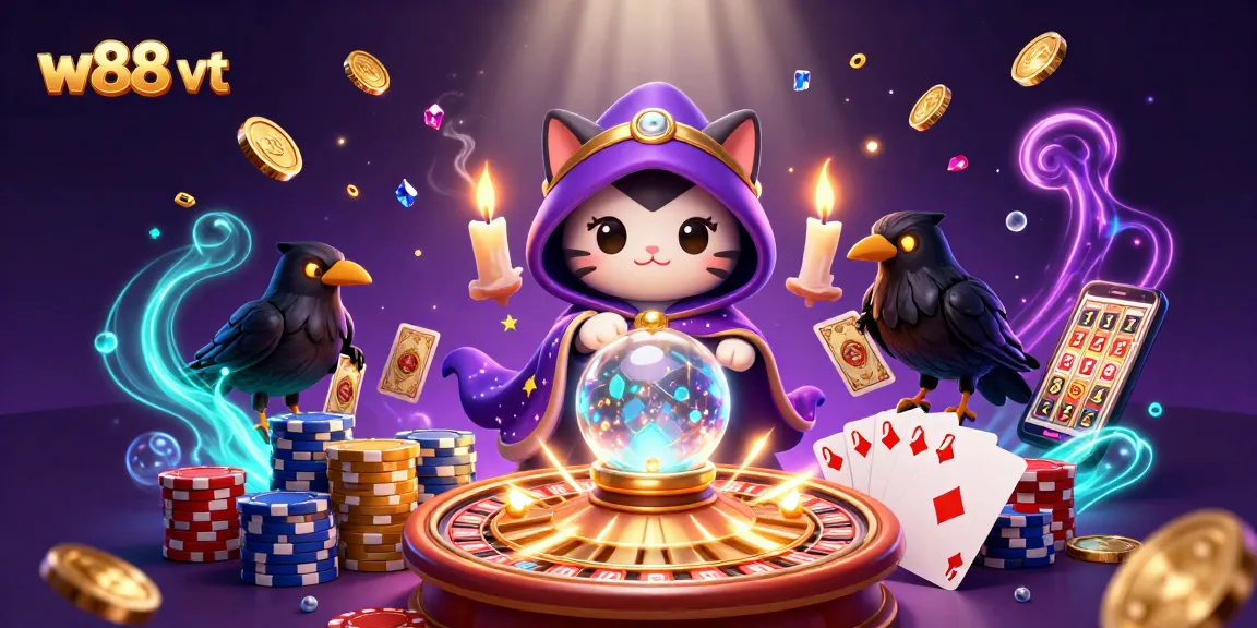 Trải nghiệm cá cược tại w88 vt với hình ảnh bí ẩn của mèo tiên tri và chim raven.