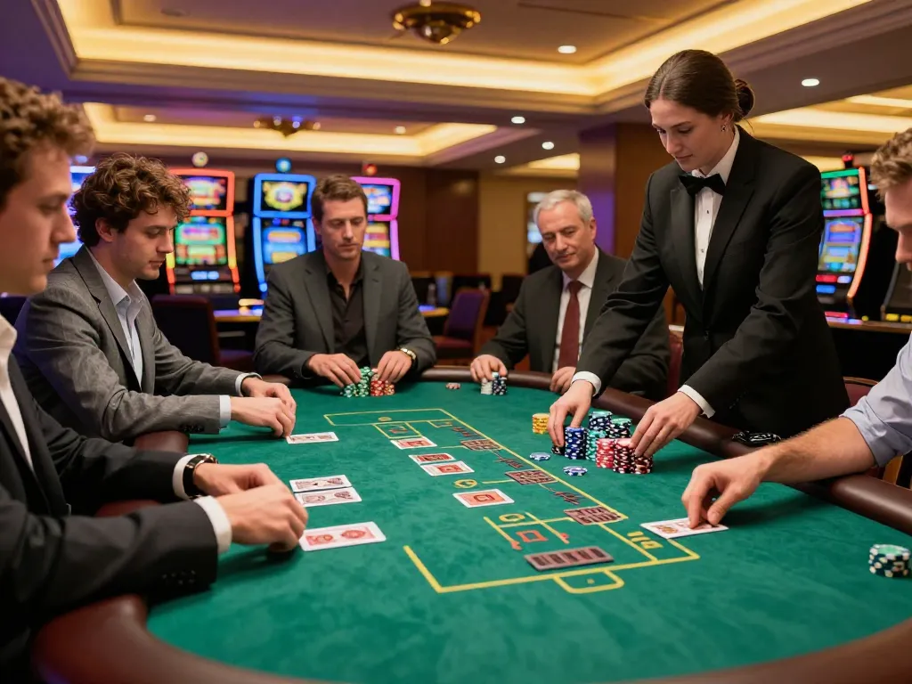 Players enjoying a strategic game of blackjack at a sunwin casino table, engaged in dynamic gameplay.