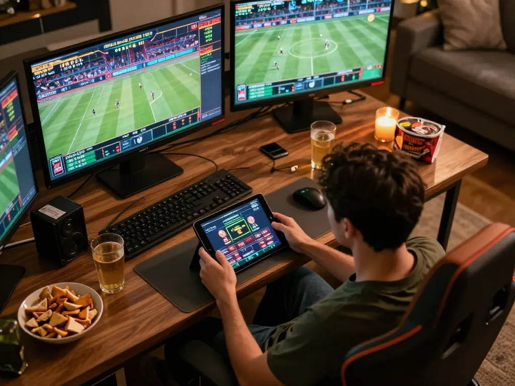 TG88 user placing sports bets on a tablet while enjoying snacks in a cozy home setting.