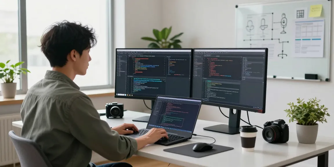Developer sedang bekerja dengan sistem 68gb di ruang kerja modern