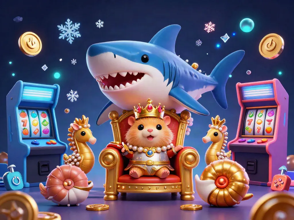 Experience the thrill of an online casino with a golden hamster king surrounded by vibrant game elements.