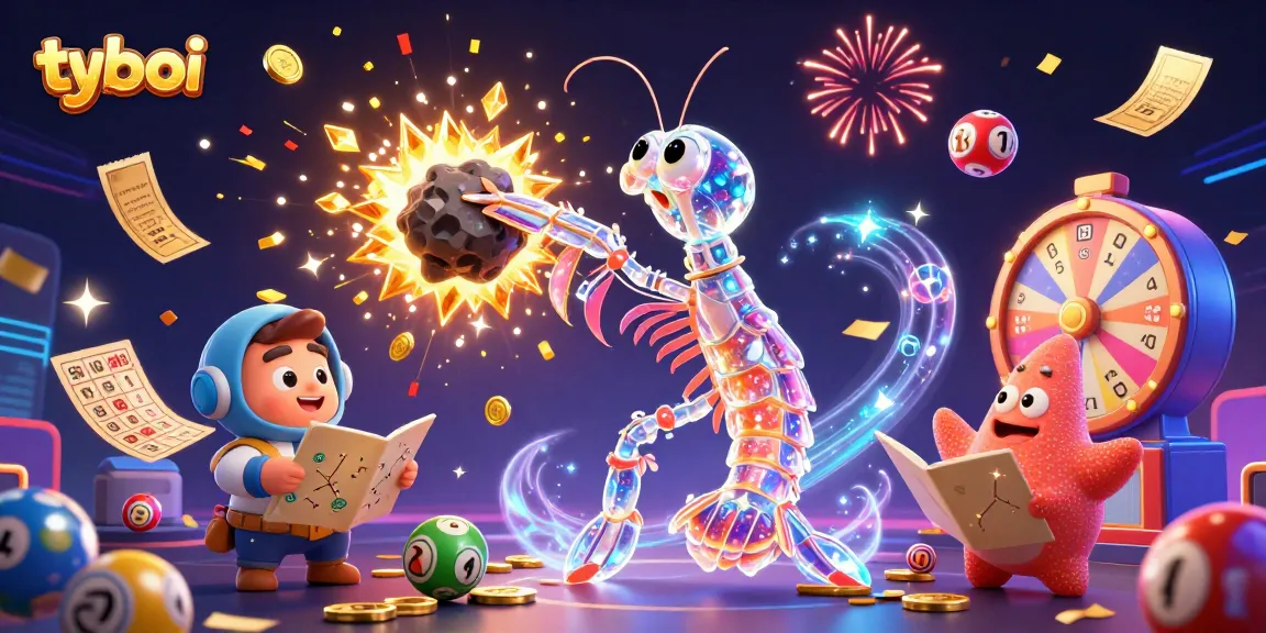 Engage in thrilling tyboi gaming with a vibrant 3D scene featuring lottery elements and galactic characters.