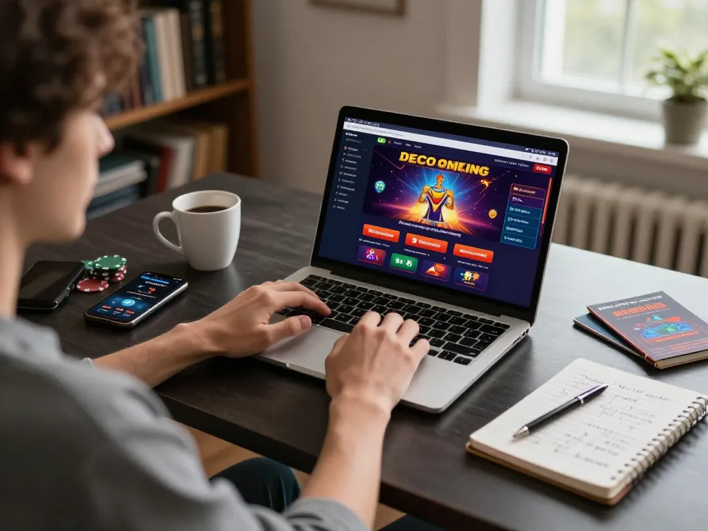 Player engaging in sv66 online gaming at a stylish desk with casino interface on laptop