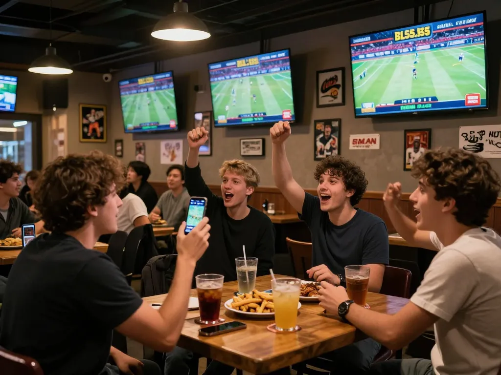 Fans engaging with BL555.COM betting app at a lively sports bar, enhancing their game-watching experience.