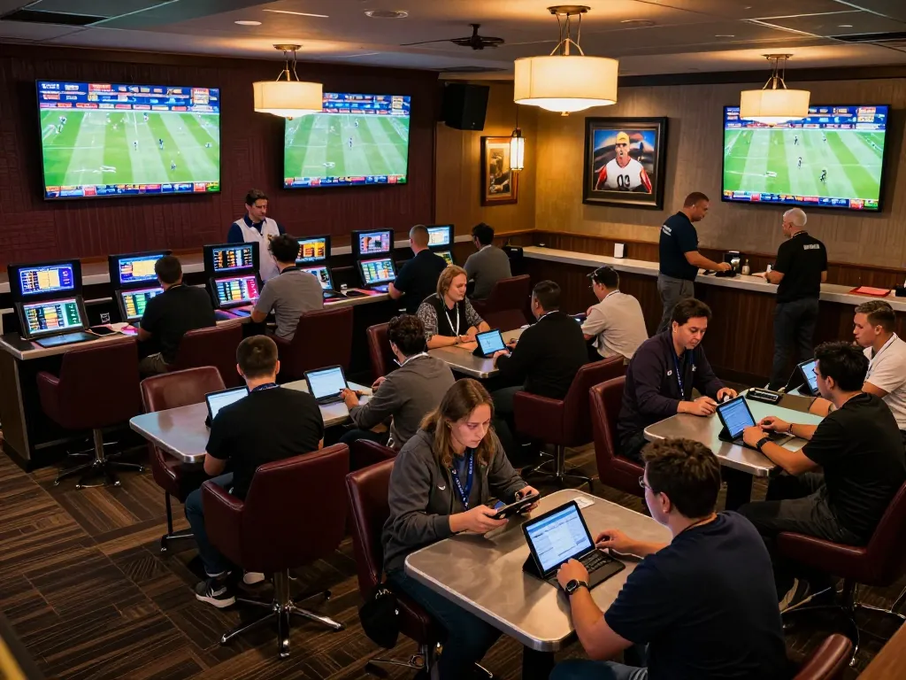Betting enthusiasts analyzing odds at HZ88's modern sports lounge with live game screens.