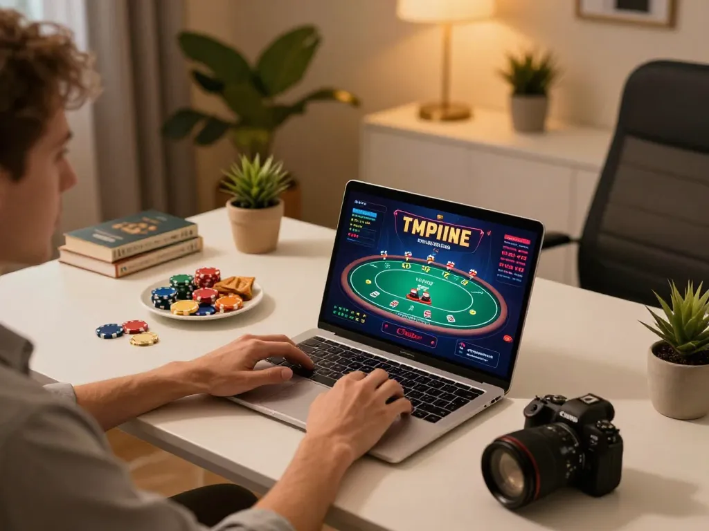 Experience the thrill of okfun with an engaging online poker game on a laptop, creating an inviting atmosphere.