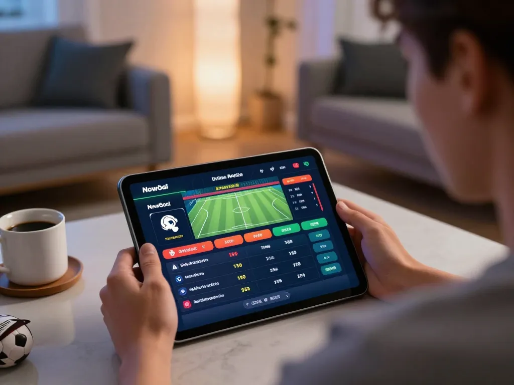 Engaging sports betting experience with Nowgoal interface displayed on tablet, showcasing live scores and vibrant home setting