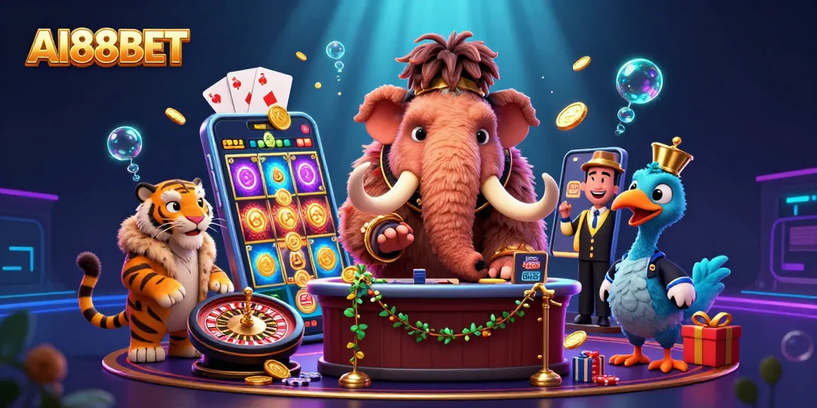 Join the excitement at AI88BET with a vibrant casino scene featuring unique characters and dynamic gaming elements.