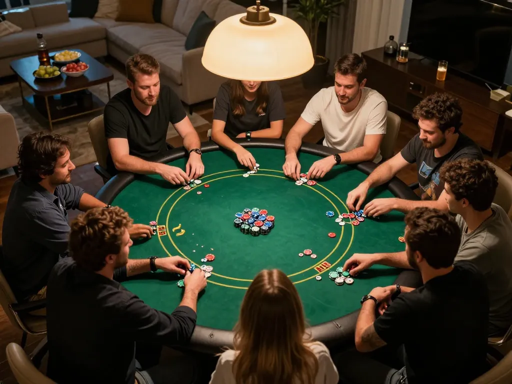 Friends enjoying poker night at home, with god55 gaming strategies in action.
