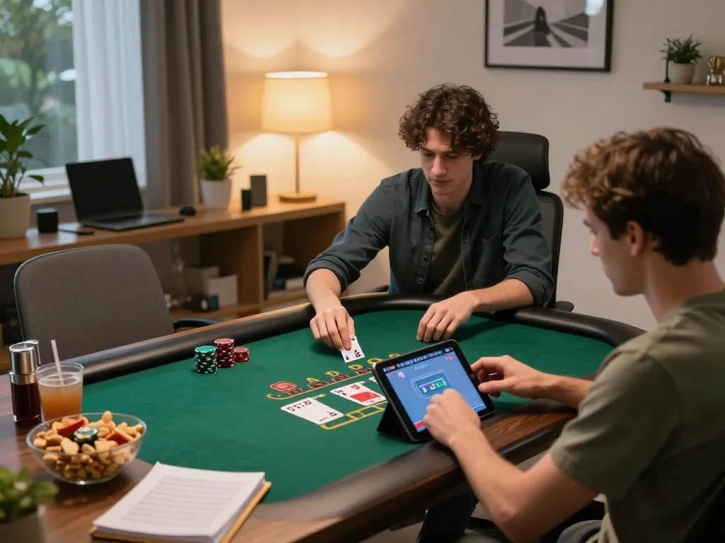 Kong88 player engaging in live dealer blackjack at home, showing strategic gameplay and a cozy environment