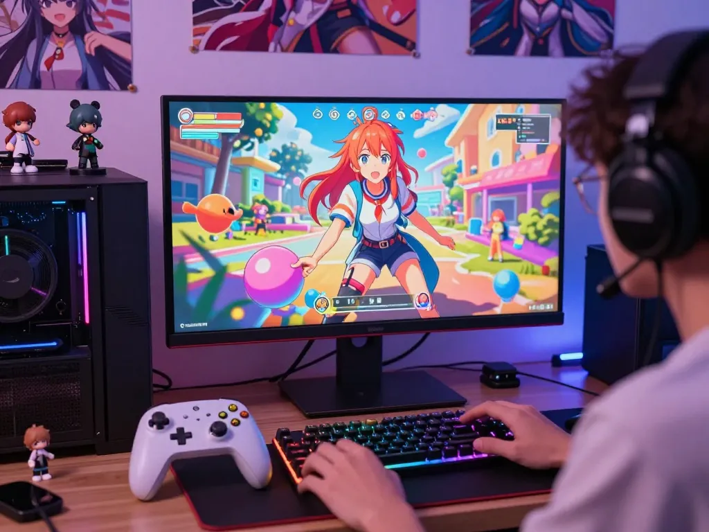 Engaged player immersed in a colorful hentai game, showcasing dynamic gaming setup with vibrant lighting and anime decor.