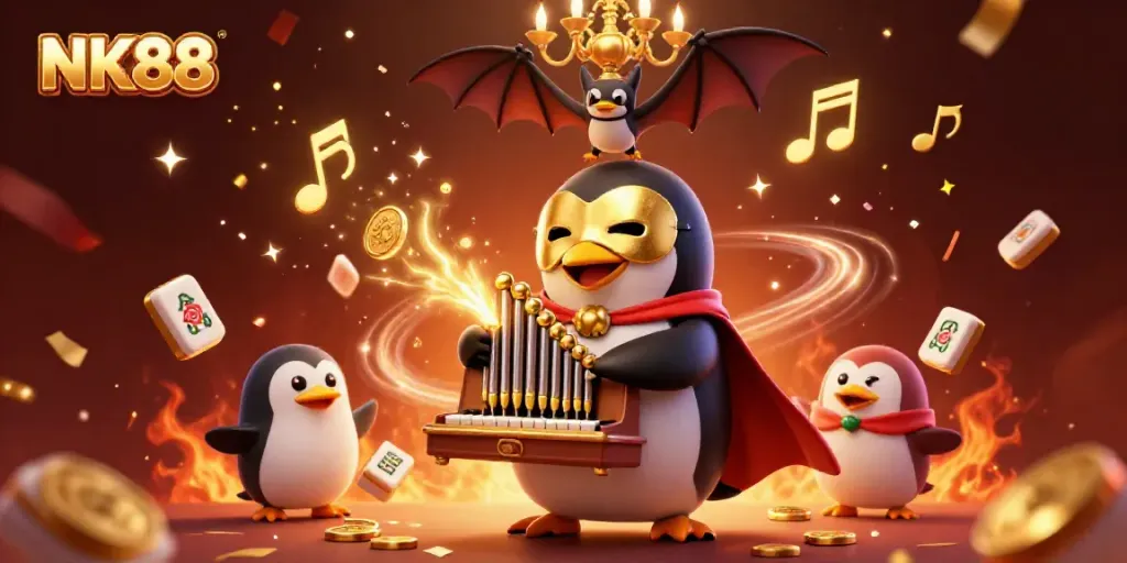 Experience the excitement of NK88 with a vibrant 3D scene featuring a playful casino-themed penguin amidst golden coins and celebratory elements.