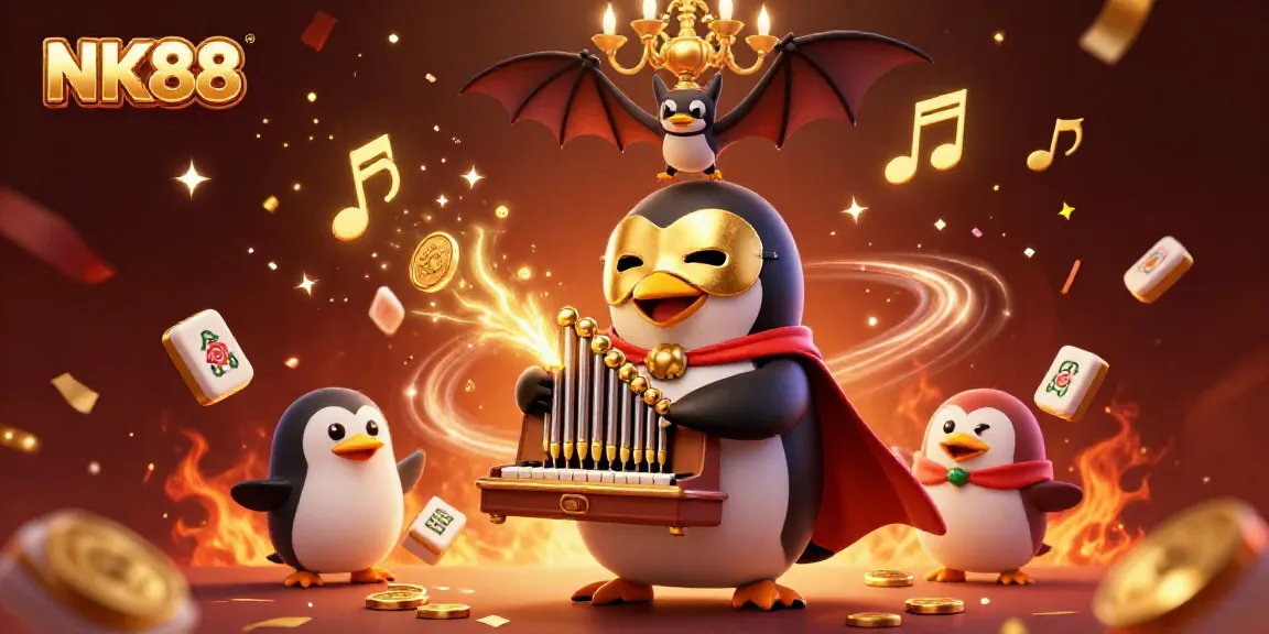 Experience the excitement of NK88 with a vibrant 3D scene featuring a playful casino-themed penguin amidst golden coins and celebratory elements.
