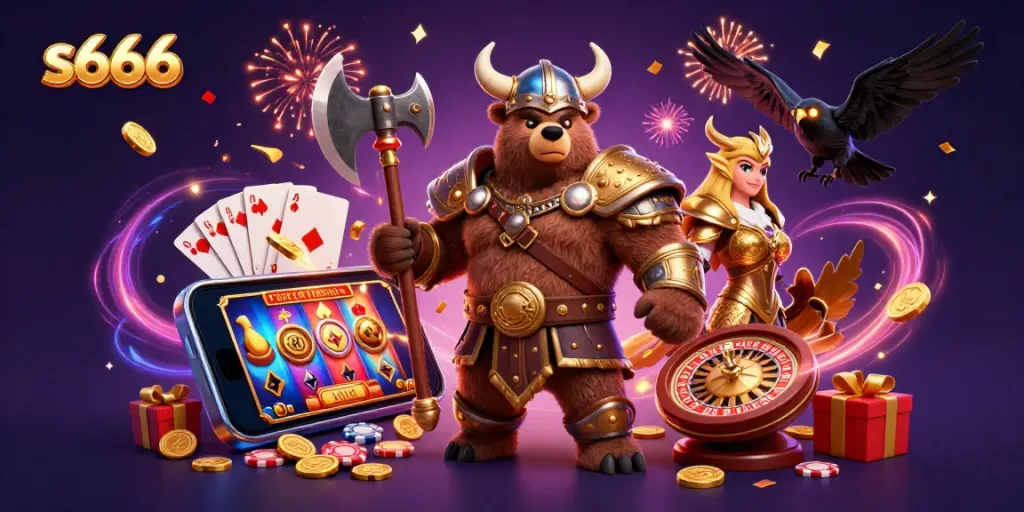 Win with s666 in this vibrant 3D casino scene showcasing a Viking bear and Valkyrie eagle.