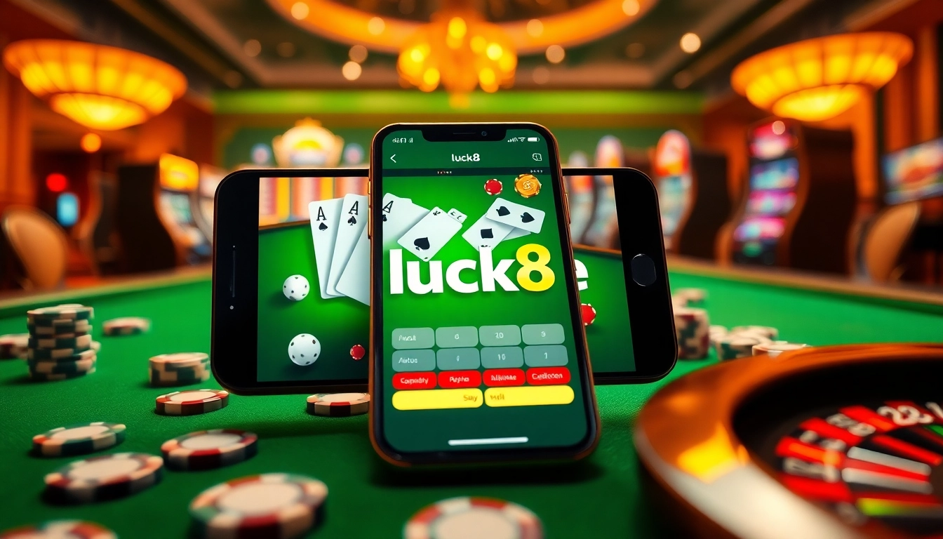 Experience the excitement of gambling with the luck8 app on a sleek smartphone amidst a vibrant casino scene.