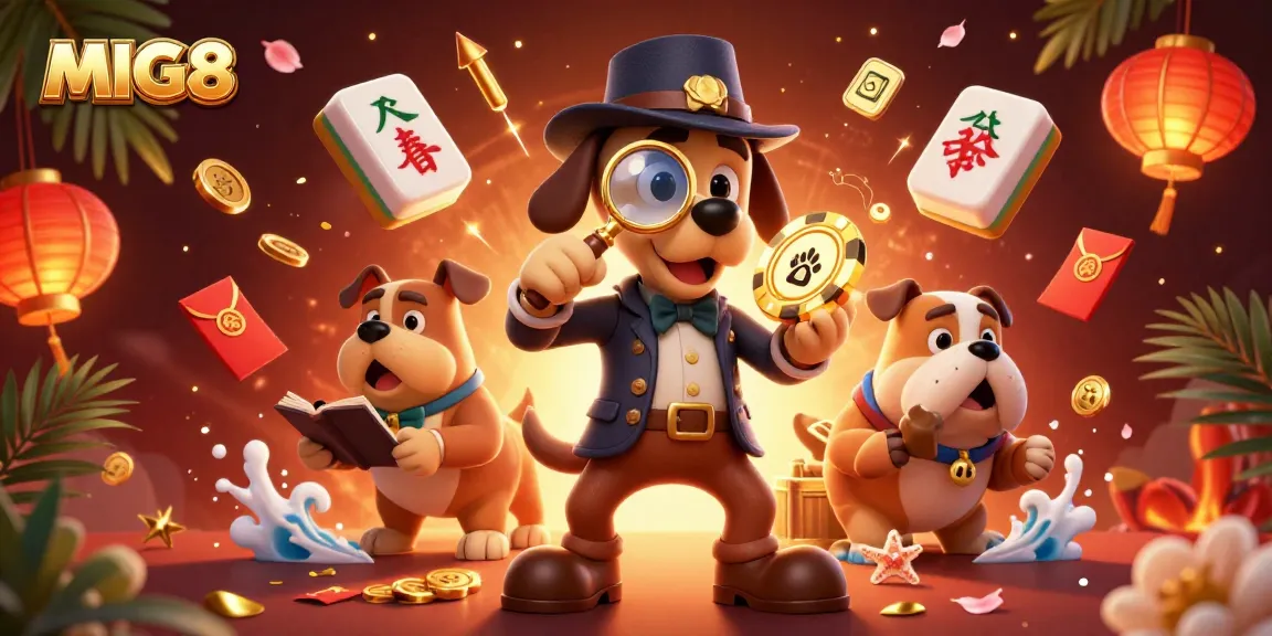 MIG8 features a cartoon detective bloodhound examining a poker chip clue in an energetic casino scene.