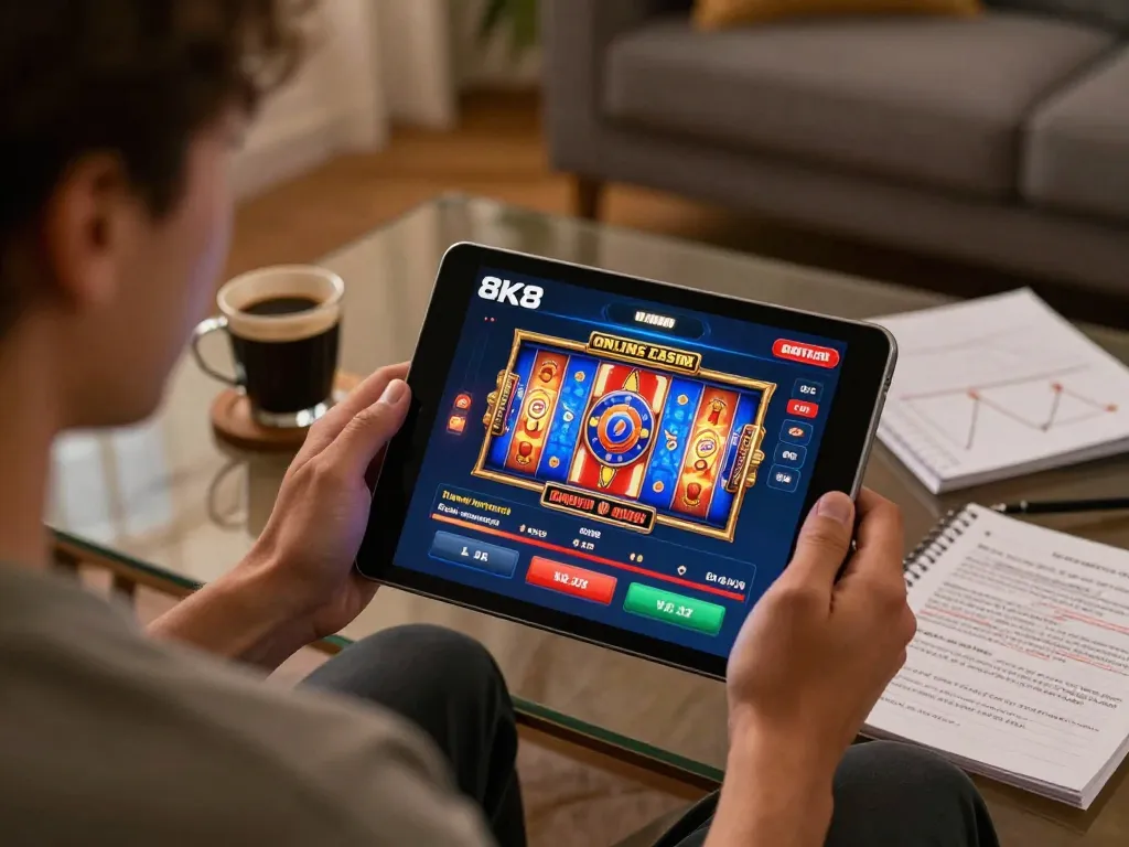 Engaging gameplay on 8K8 Online Casino tablet interface in a cozy home environment