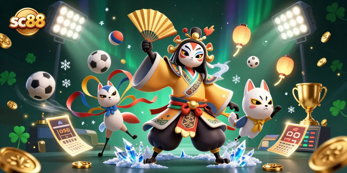 Engage in thrilling gaming action with sc88's vibrant illustration featuring unique characters, golden coins, and dynamic sports elements.