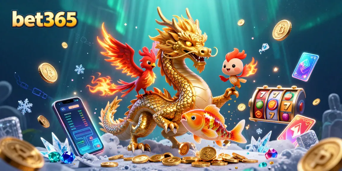 Experience the dynamic action of bet365 with colorful characters and casino elements in this 3D illustration.