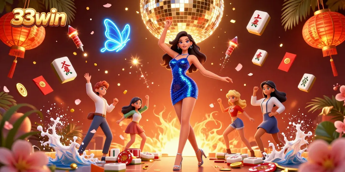 Engage with the vibrant atmosphere of 33win's casino experience, featuring neon lights and festive elements.