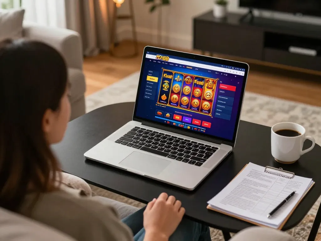 Person engaging with Fun88 online slots on a laptop in a cozy home setting.