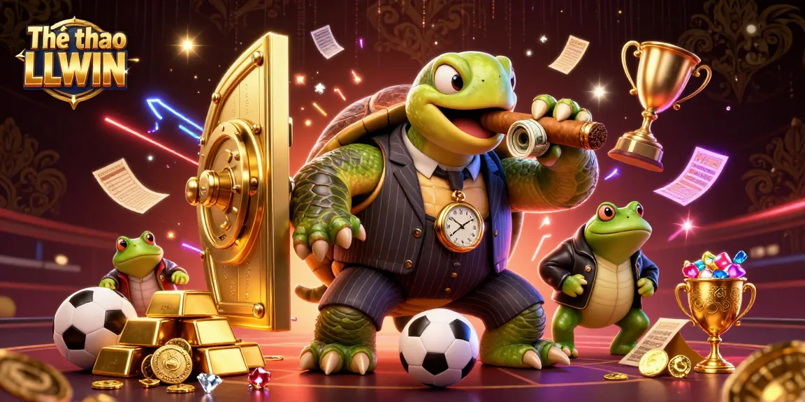 Thể thao LLWIN showcases sports betting excitement with cartoon characters surrounded by treasures