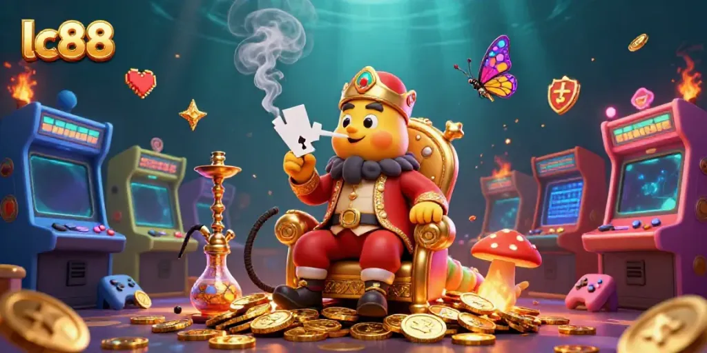 Experience vibrant gaming with lc88, featuring a lively caterpillar sultan and arcade elements in a dynamic casino scene.